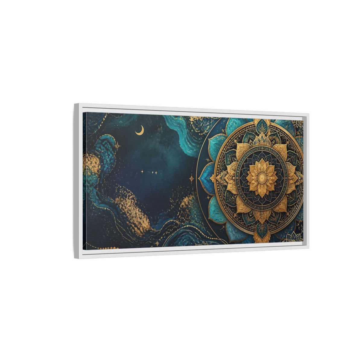 Side Mockup 1. Abstract Lotus Mandala Teal Gold Mandala shown as stretched canvas wall art