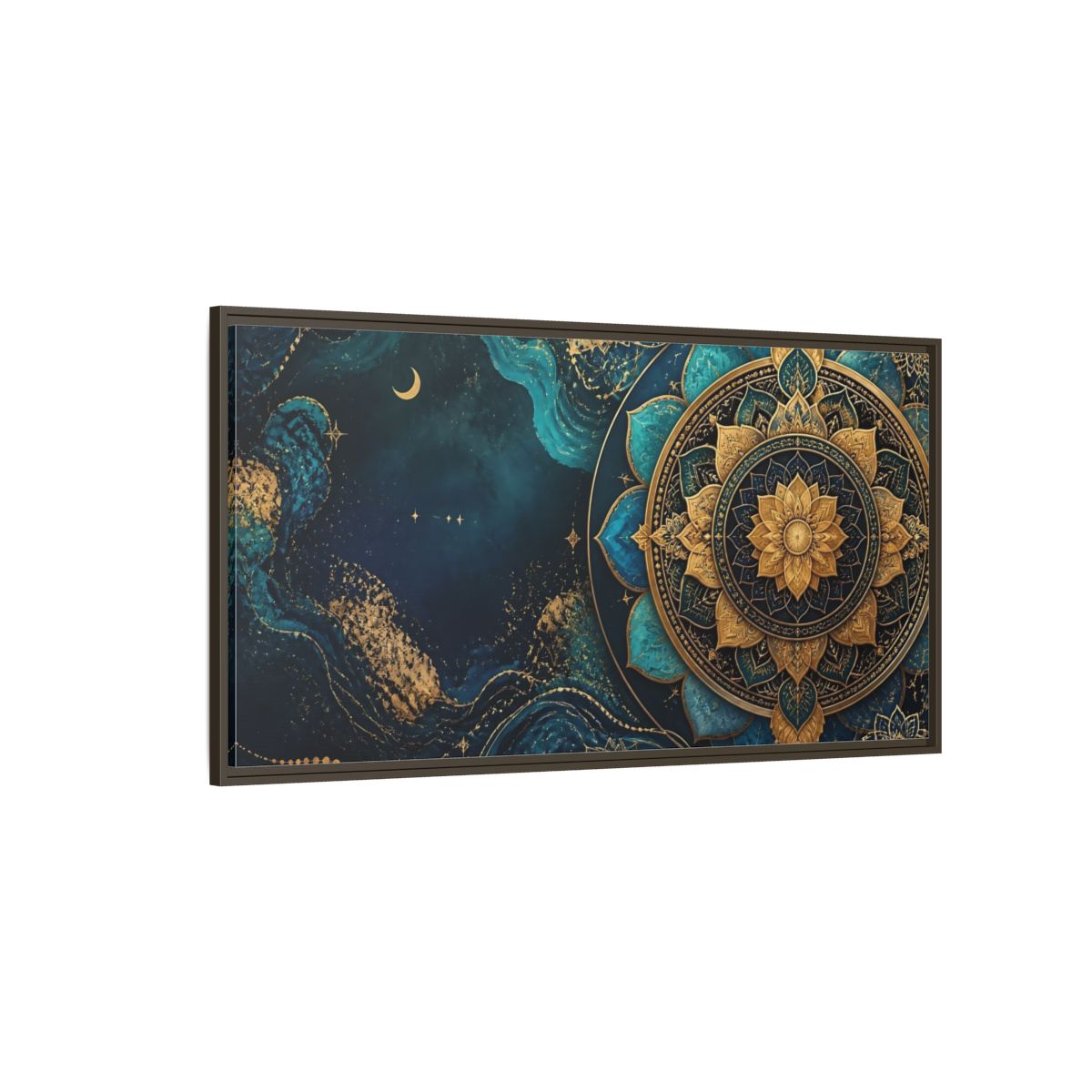 Side Mockup 4. Abstract Lotus Mandala Teal Gold Mandala shown as stretched canvas wall art