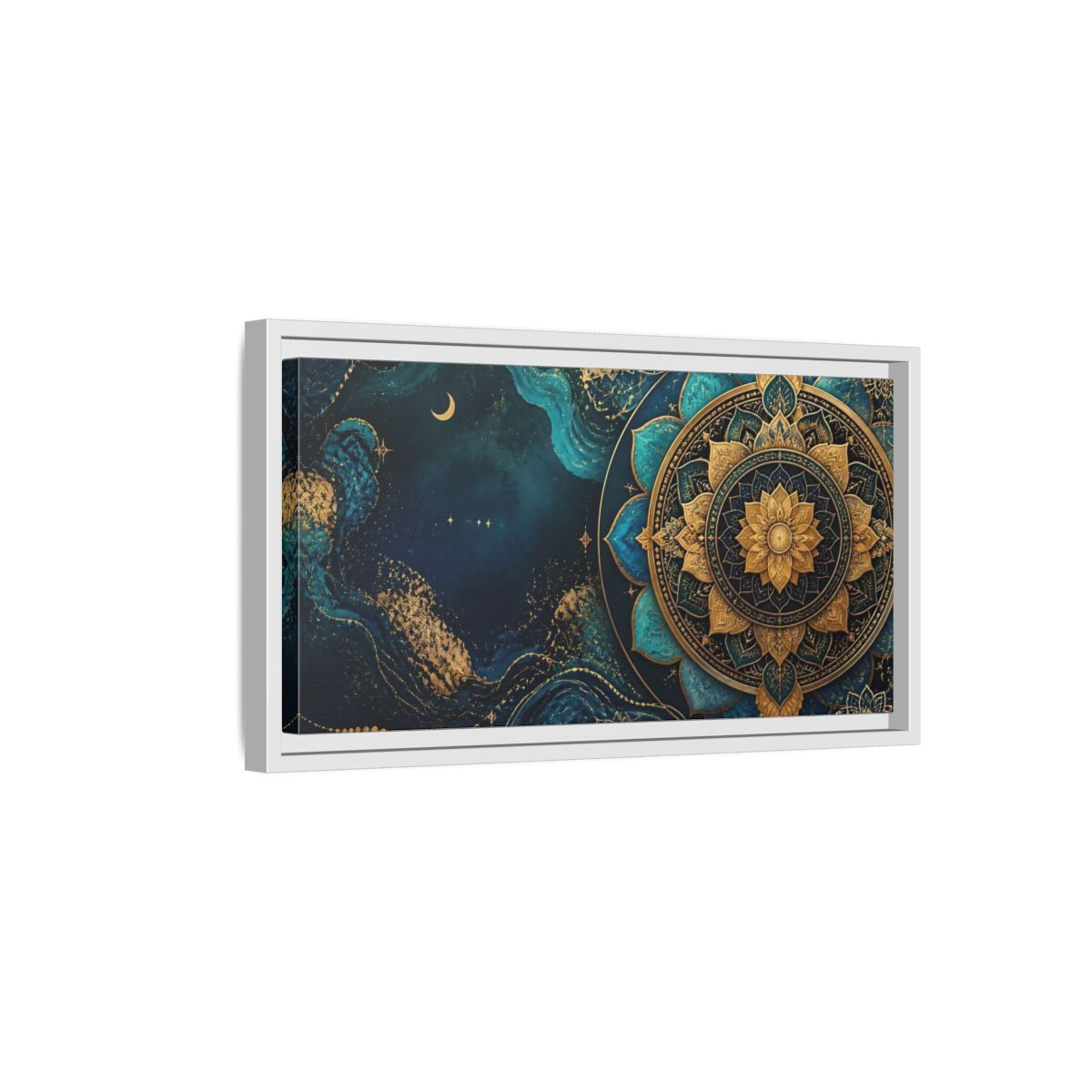 Side Mockup 6. Abstract Lotus Mandala Teal Gold Mandala shown as stretched canvas wall art