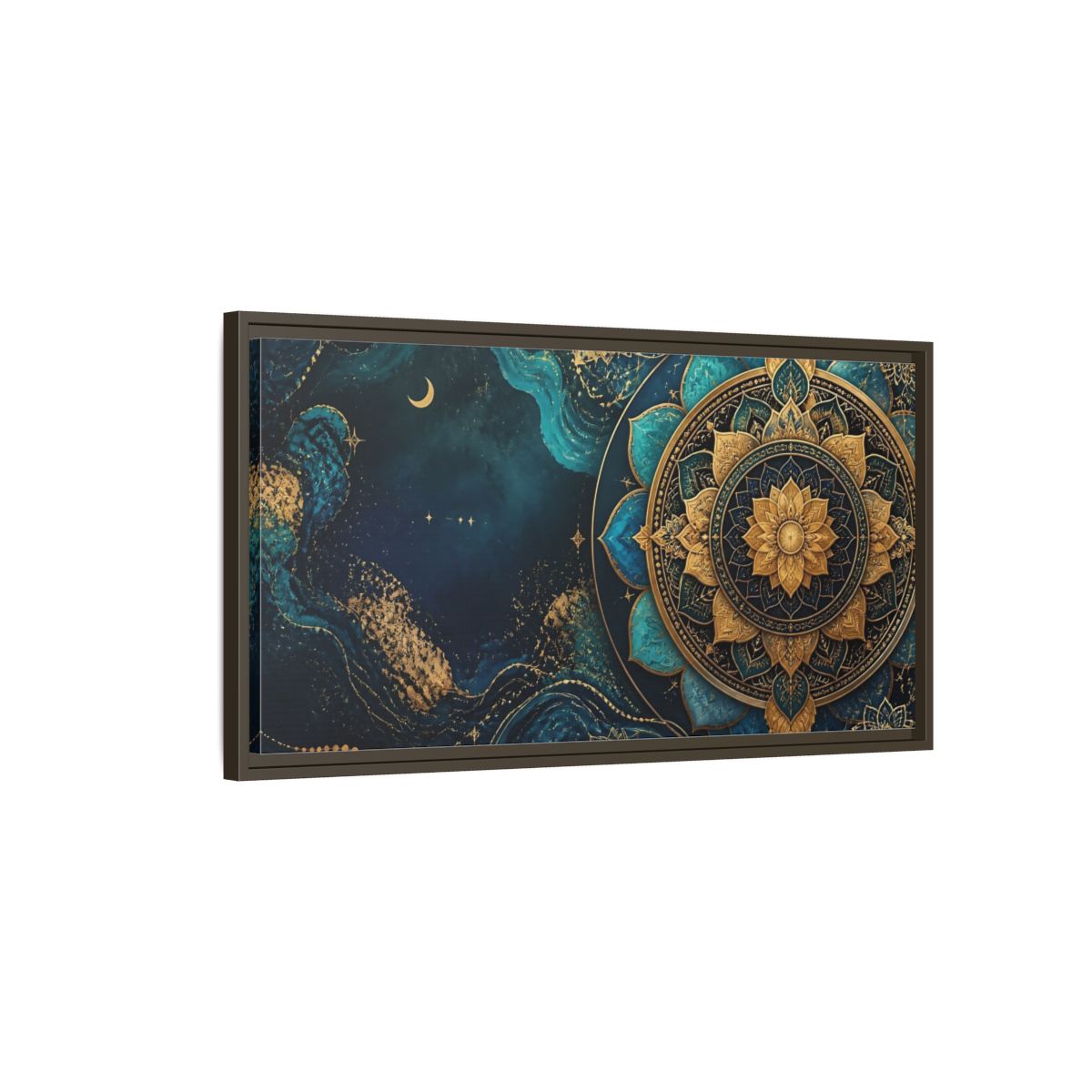 Main Mockup. Abstract Lotus Mandala Teal Gold Mandala shown as stretched canvas wall art