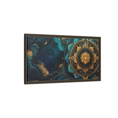 Main Mockup. Abstract Lotus Mandala Teal Gold Mandala shown as stretched canvas wall art