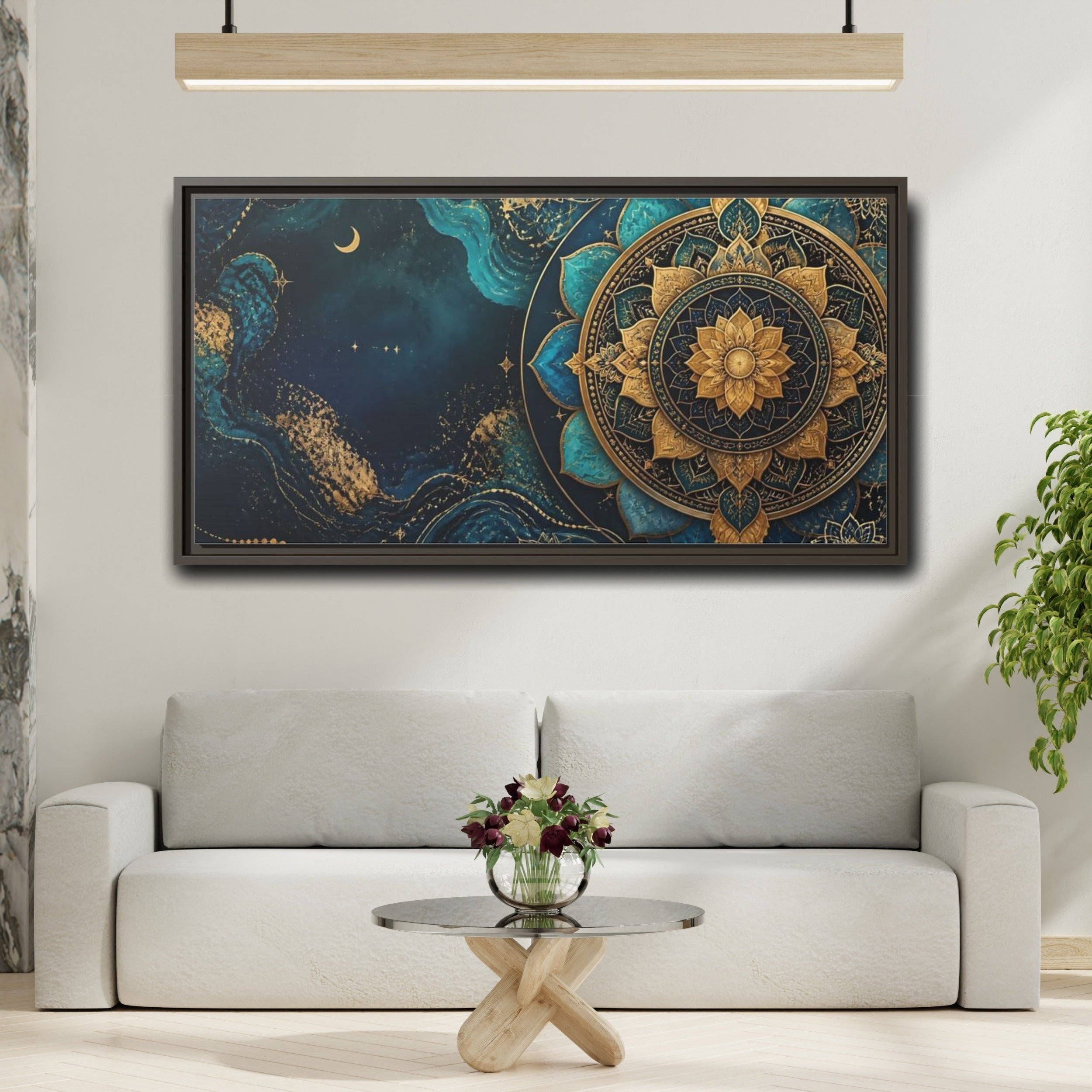 Mockup 2. Abstract Lotus Mandala Teal Gold Mandala shown as stretched canvas wall art