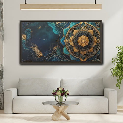 Mockup 2. Abstract Lotus Mandala Teal Gold Mandala shown as stretched canvas wall art