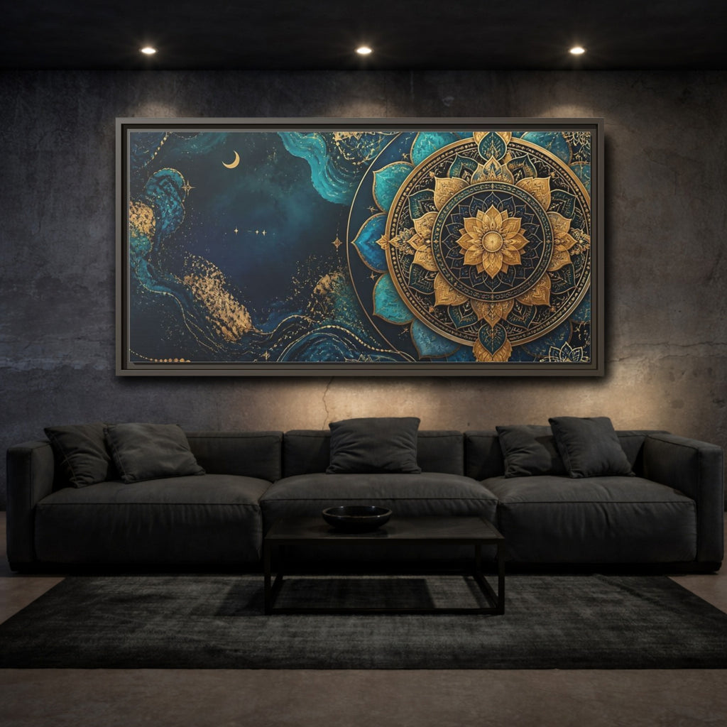 Mockup 3. Abstract Lotus Mandala Teal Gold Mandala shown as stretched canvas wall art