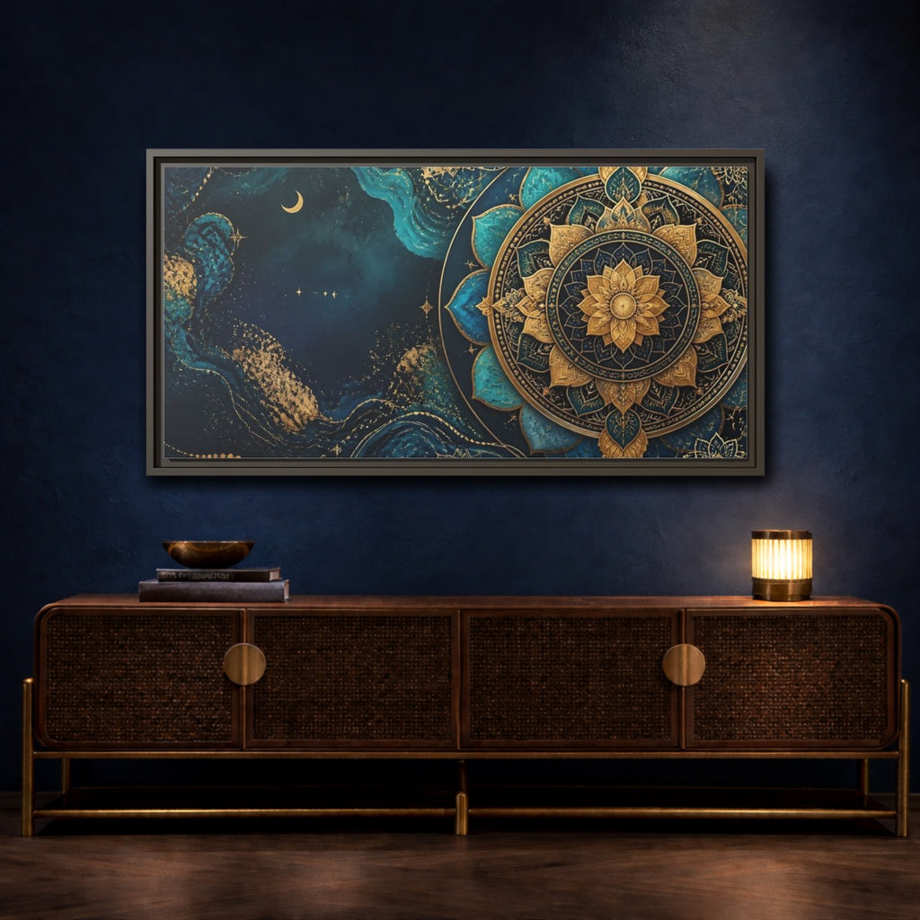 Mockup 4. Abstract Lotus Mandala Teal Gold Mandala shown as stretched canvas wall art