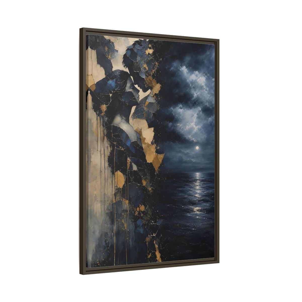 Main Mockup. Abstract Lovers Navy Blue Gold shown as stretched canvas wall art