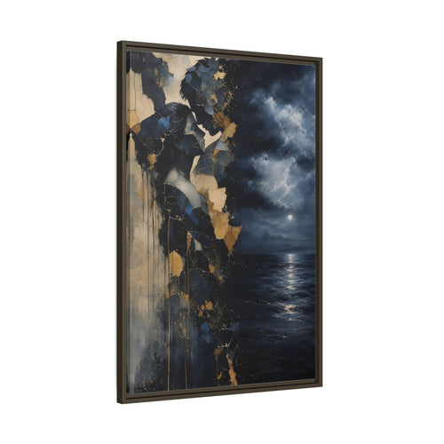 Main Mockup. Abstract Lovers Navy Blue Gold shown as stretched canvas wall art