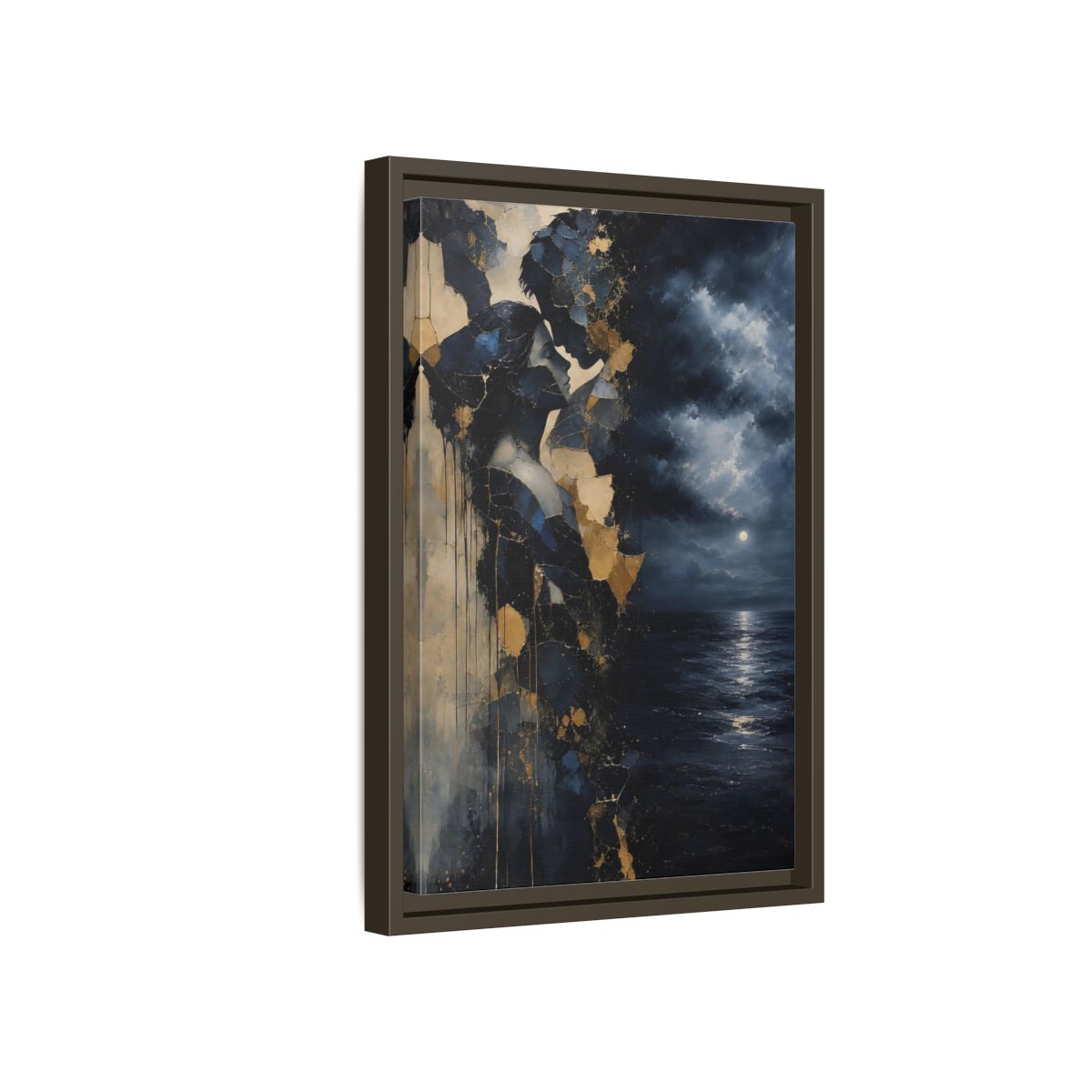 Side Mockup 5. Abstract Lovers Navy Blue Gold shown as stretched canvas wall art