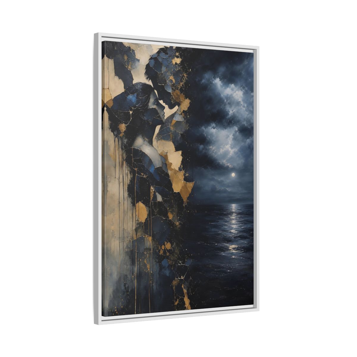 Side Mockup 9. Abstract Lovers Navy Blue Gold shown as stretched canvas wall art