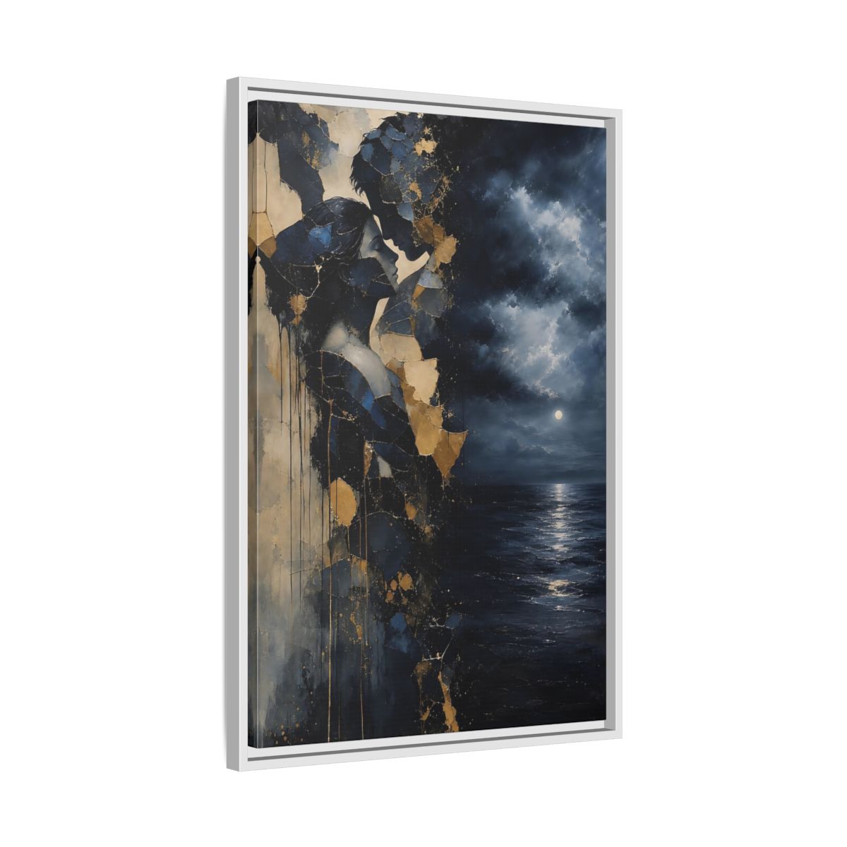 Side Mockup 10. Abstract Lovers Navy Blue Gold shown as stretched canvas wall art