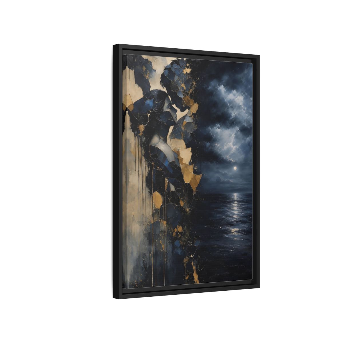 Side Mockup 3. Abstract Lovers Navy Blue Gold shown as stretched canvas wall art