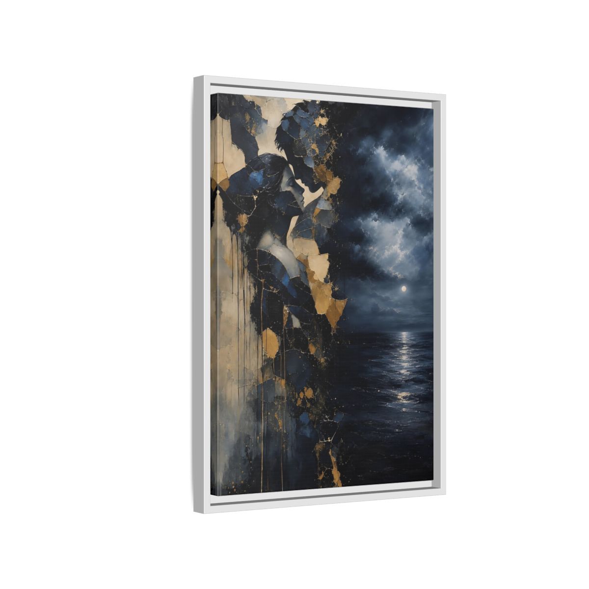 Side Mockup 1. Abstract Lovers Navy Blue Gold shown as stretched canvas wall art