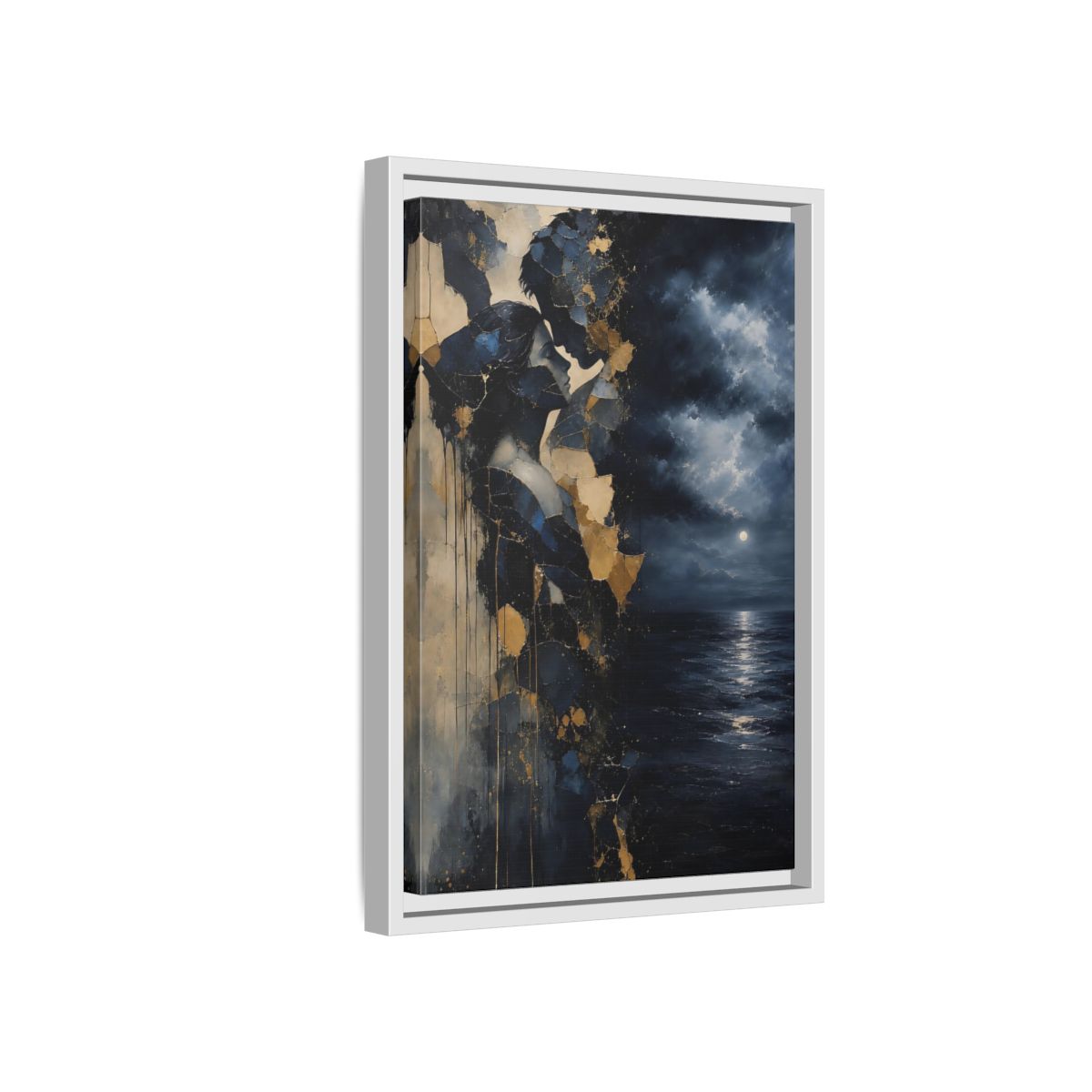 Side Mockup 4. Abstract Lovers Navy Blue Gold shown as stretched canvas wall art