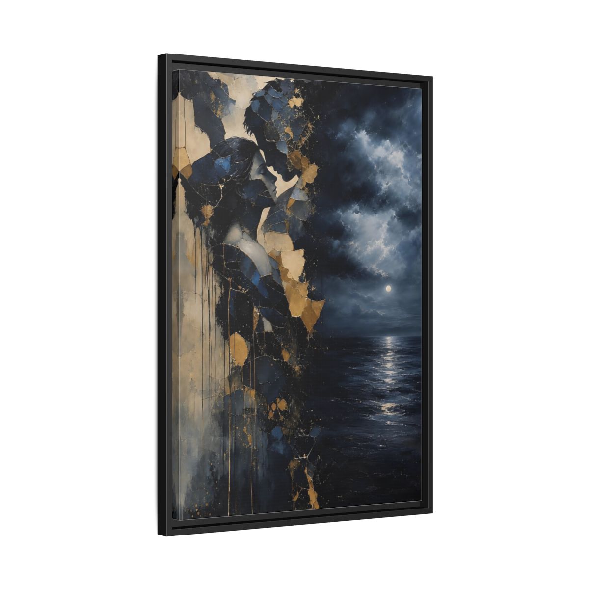 Side Mockup 14. Abstract Lovers Navy Blue Gold shown as stretched canvas wall art