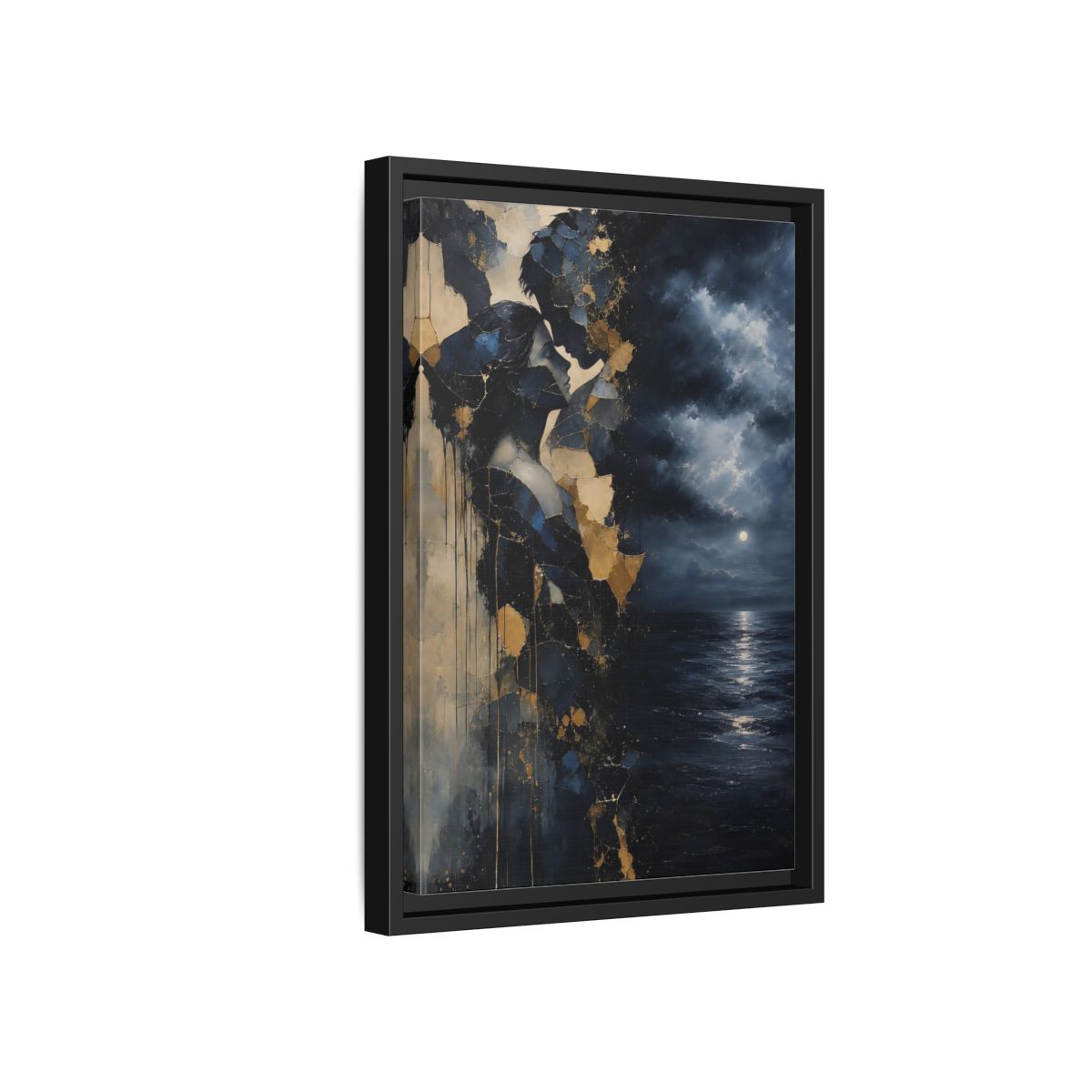 Side Mockup 6. Abstract Lovers Navy Blue Gold shown as stretched canvas wall art