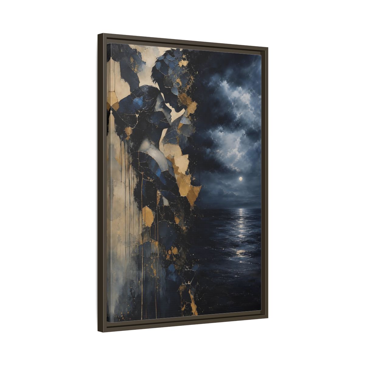 Side Mockup 11. Abstract Lovers Navy Blue Gold shown as stretched canvas wall art