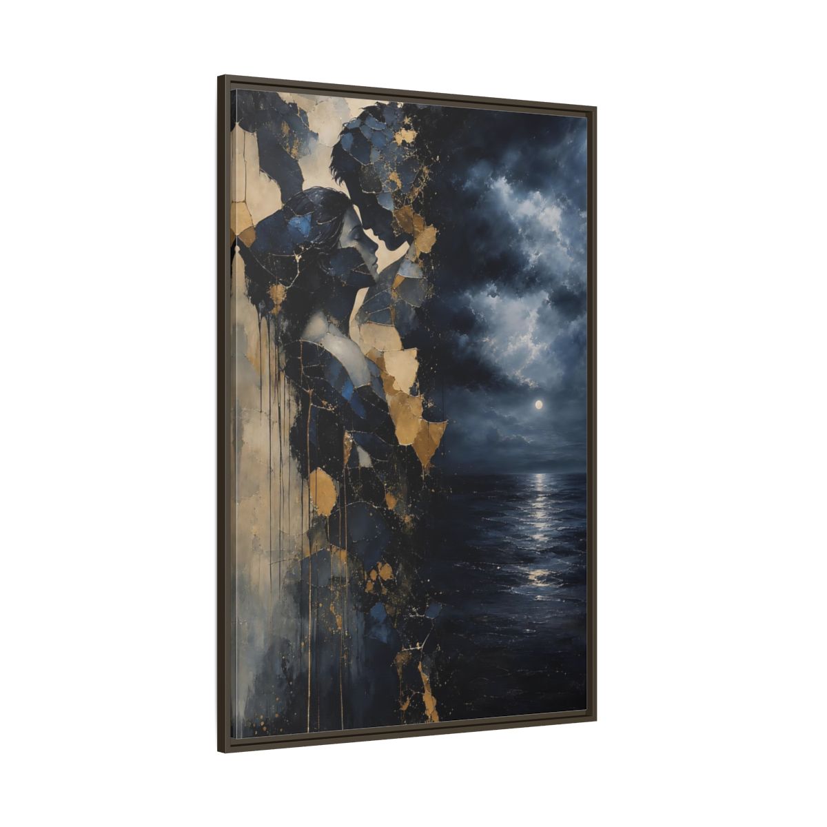Side Mockup 8. Abstract Lovers Navy Blue Gold shown as stretched canvas wall art