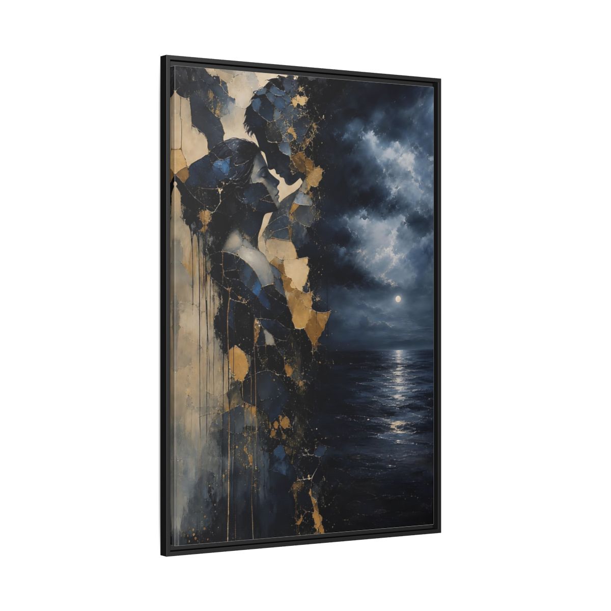 Side Mockup 12. Abstract Lovers Navy Blue Gold shown as stretched canvas wall art
