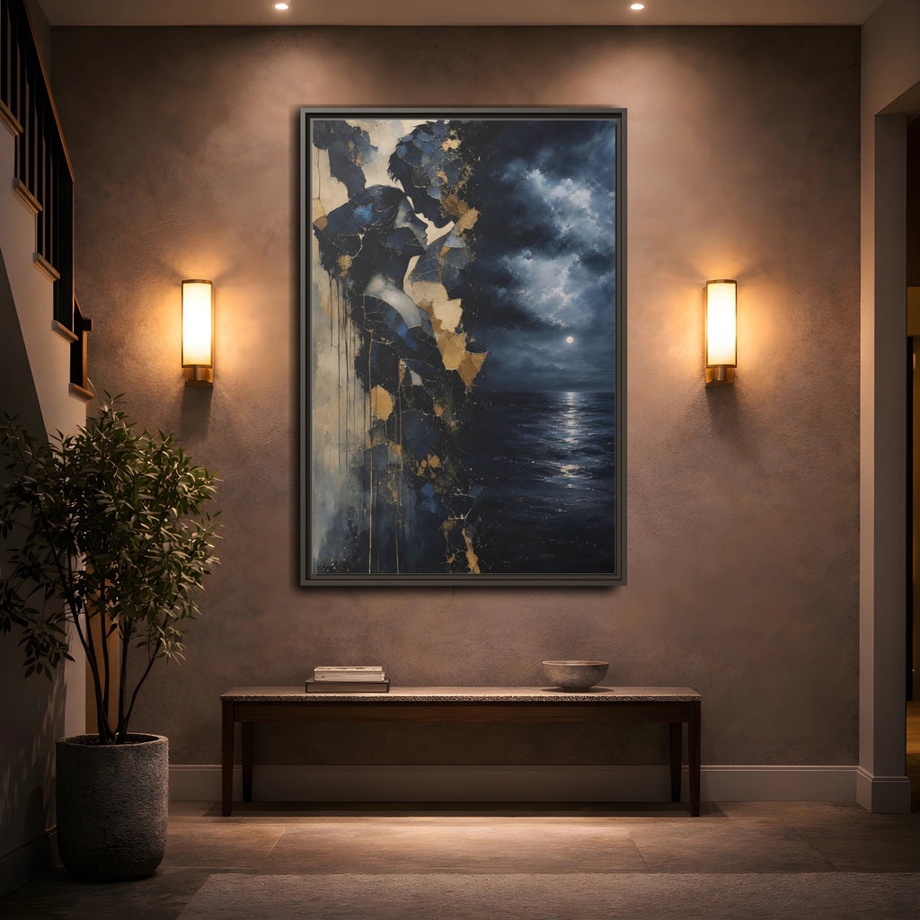 Mockup 2. Abstract Lovers Navy Blue Gold shown as stretched canvas wall art