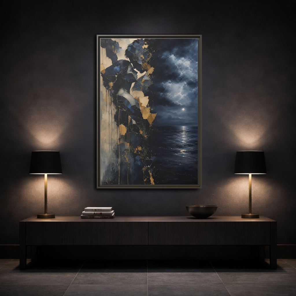 Mockup 3. Abstract Lovers Navy Blue Gold shown as stretched canvas wall art