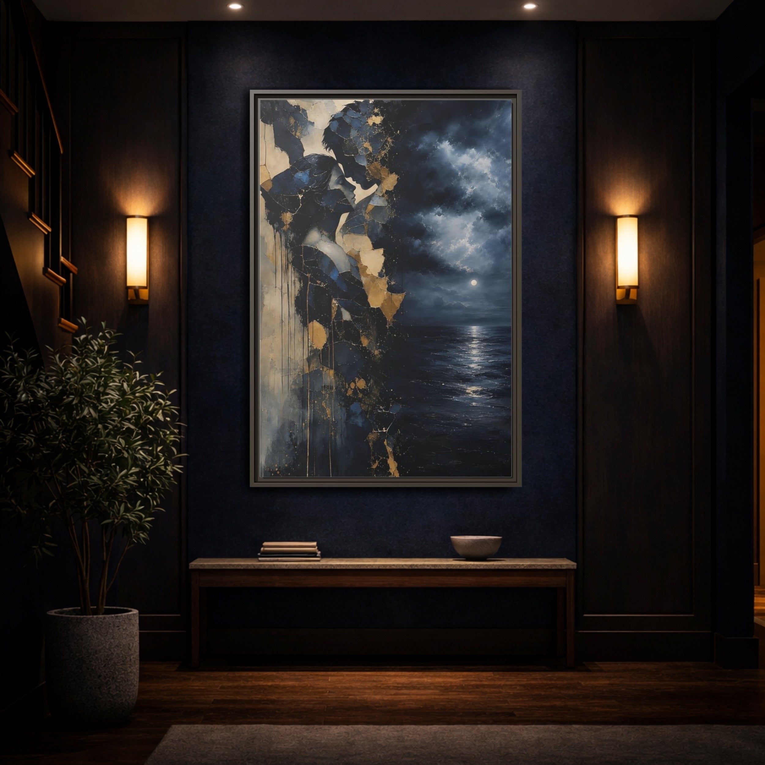 Mockup 4. Abstract Lovers Navy Blue Gold shown as stretched canvas wall art
