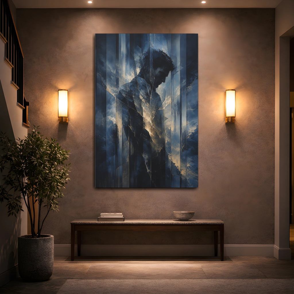 Mockup 2. Abstract Male Figure Dark Blue Abstract Man shown as stretched canvas wall art