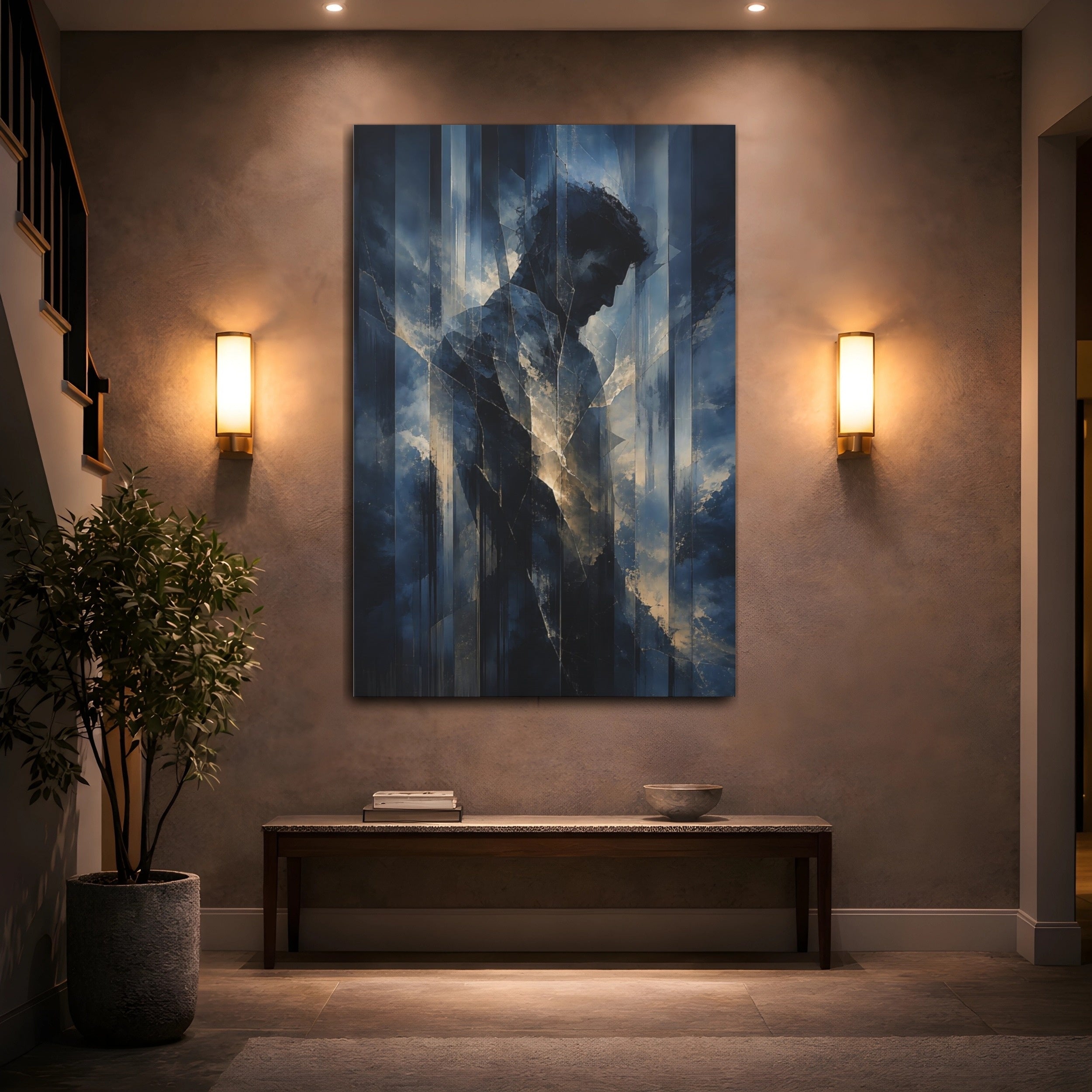 Mockup 2. Abstract Male Figure Dark Blue Abstract Man shown as stretched canvas wall art