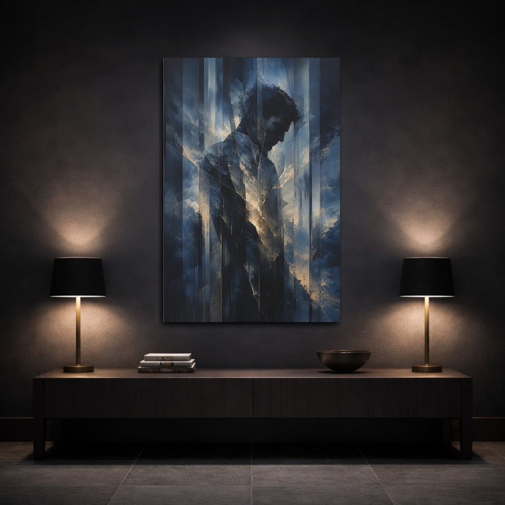 Mockup 3. Abstract Male Figure Dark Blue Abstract Man shown as stretched canvas wall art