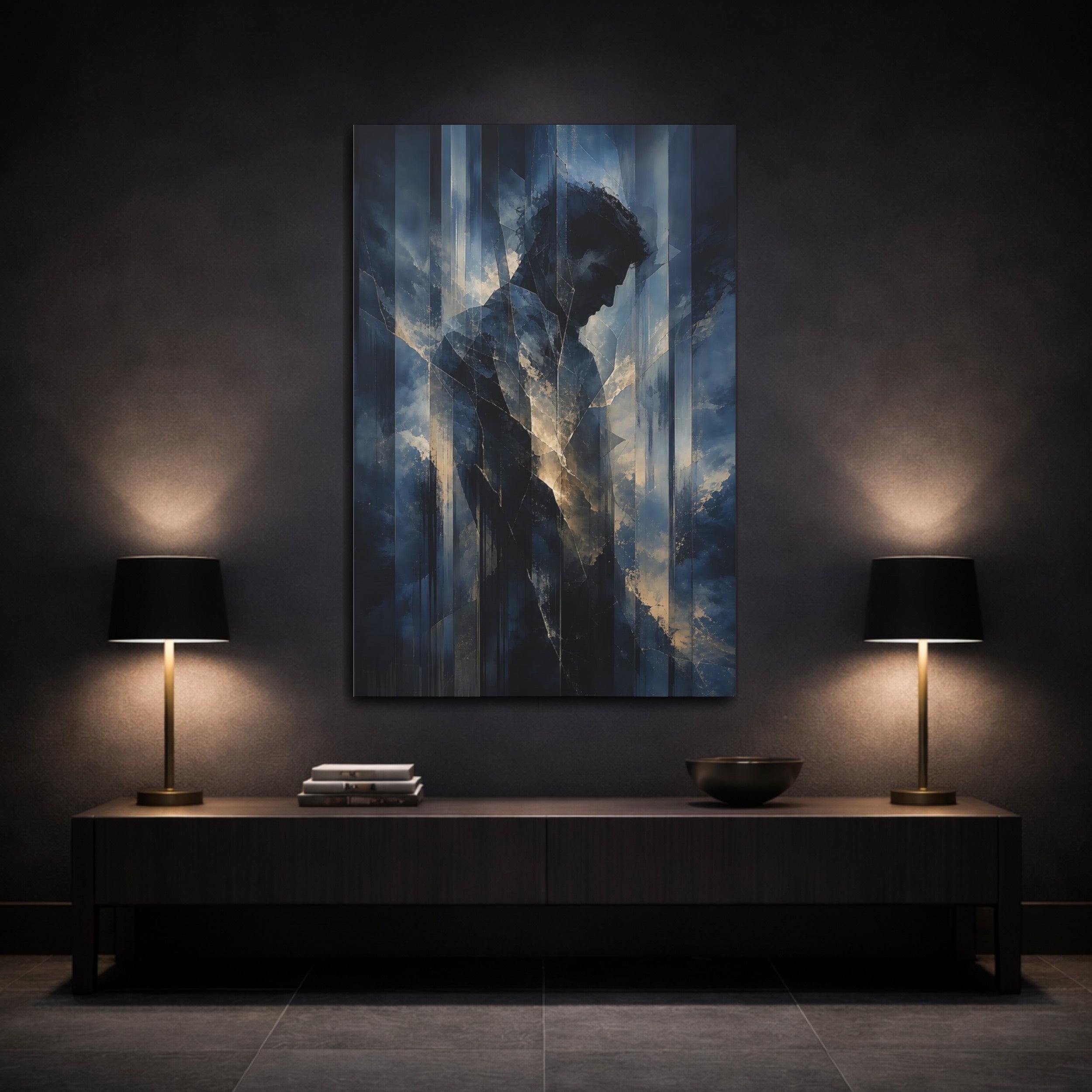 Mockup 3. Abstract Male Figure Dark Blue Abstract Man shown as stretched canvas wall art
