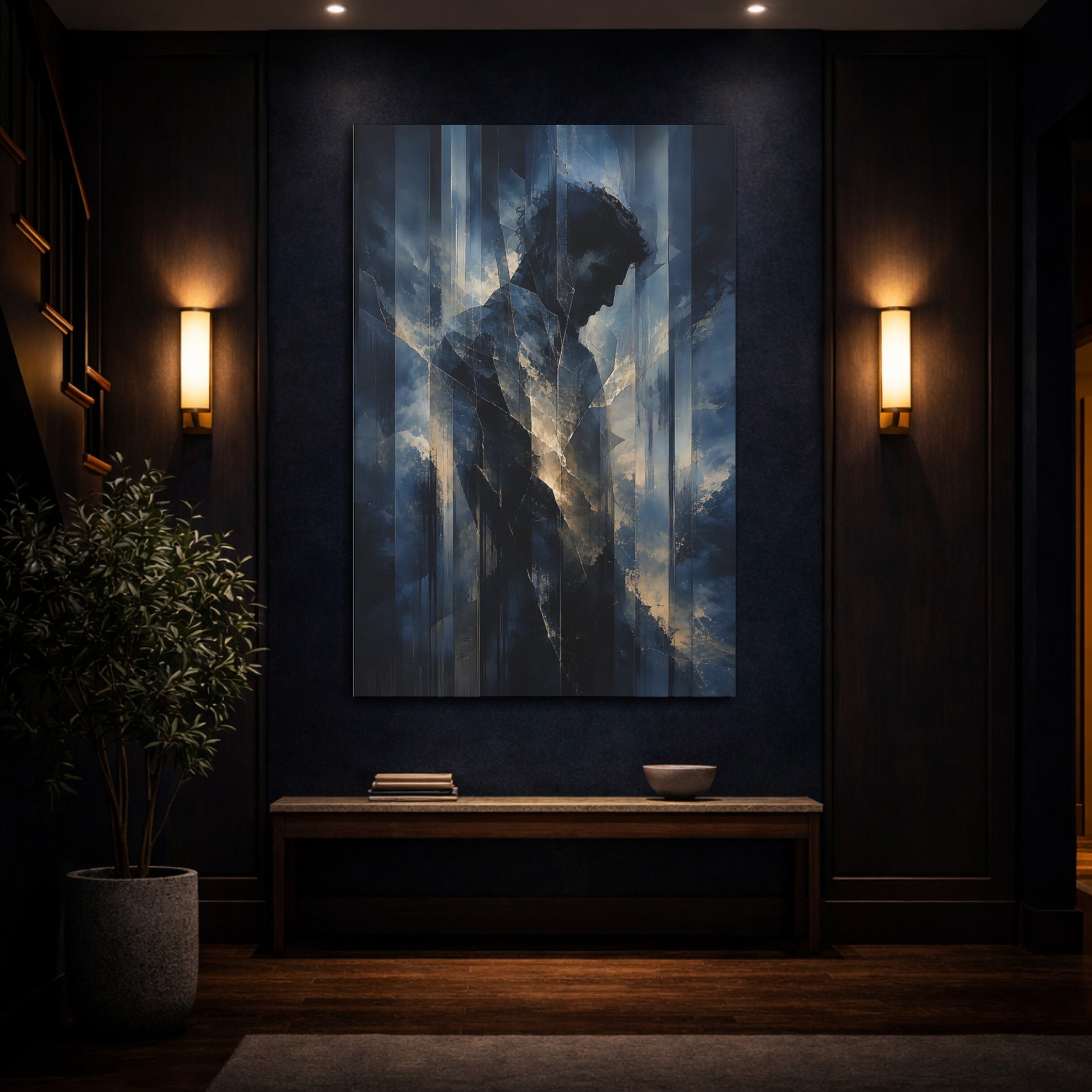 Mockup 4. Abstract Male Figure Dark Blue Abstract Man shown as stretched canvas wall art