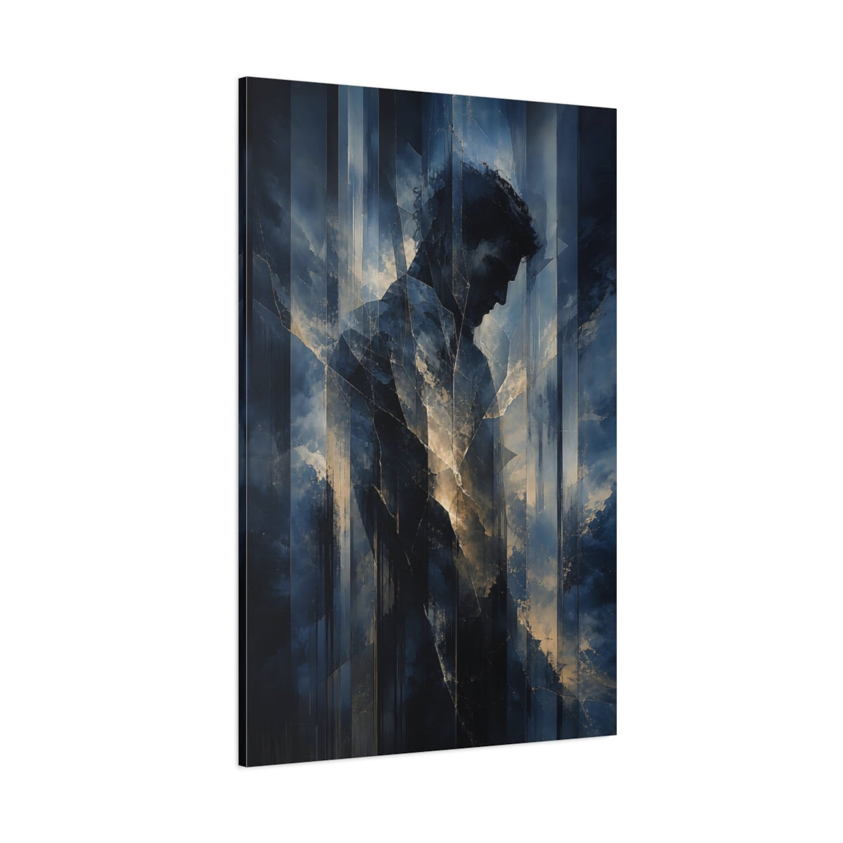 Side Mockup 1. Abstract Male Figure Dark Blue Abstract Man shown as stretched canvas wall art