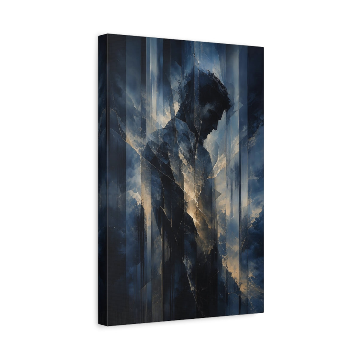 Side Mockup 4. Abstract Male Figure Dark Blue Abstract Man shown as stretched canvas wall art