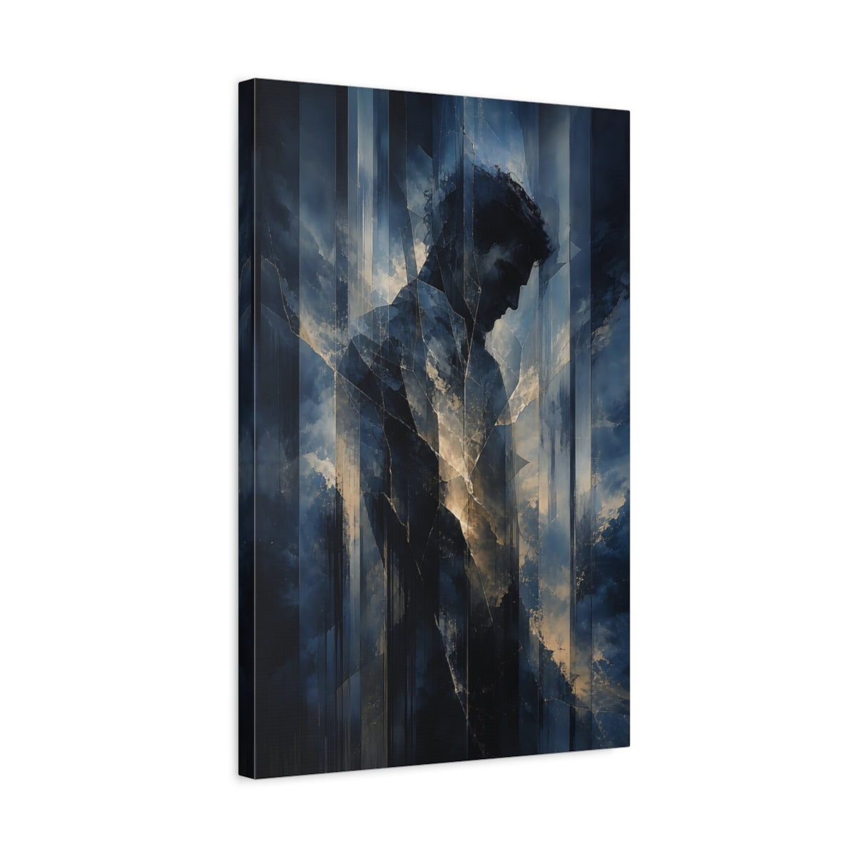 Side Mockup 3. Abstract Male Figure Dark Blue Abstract Man shown as stretched canvas wall art