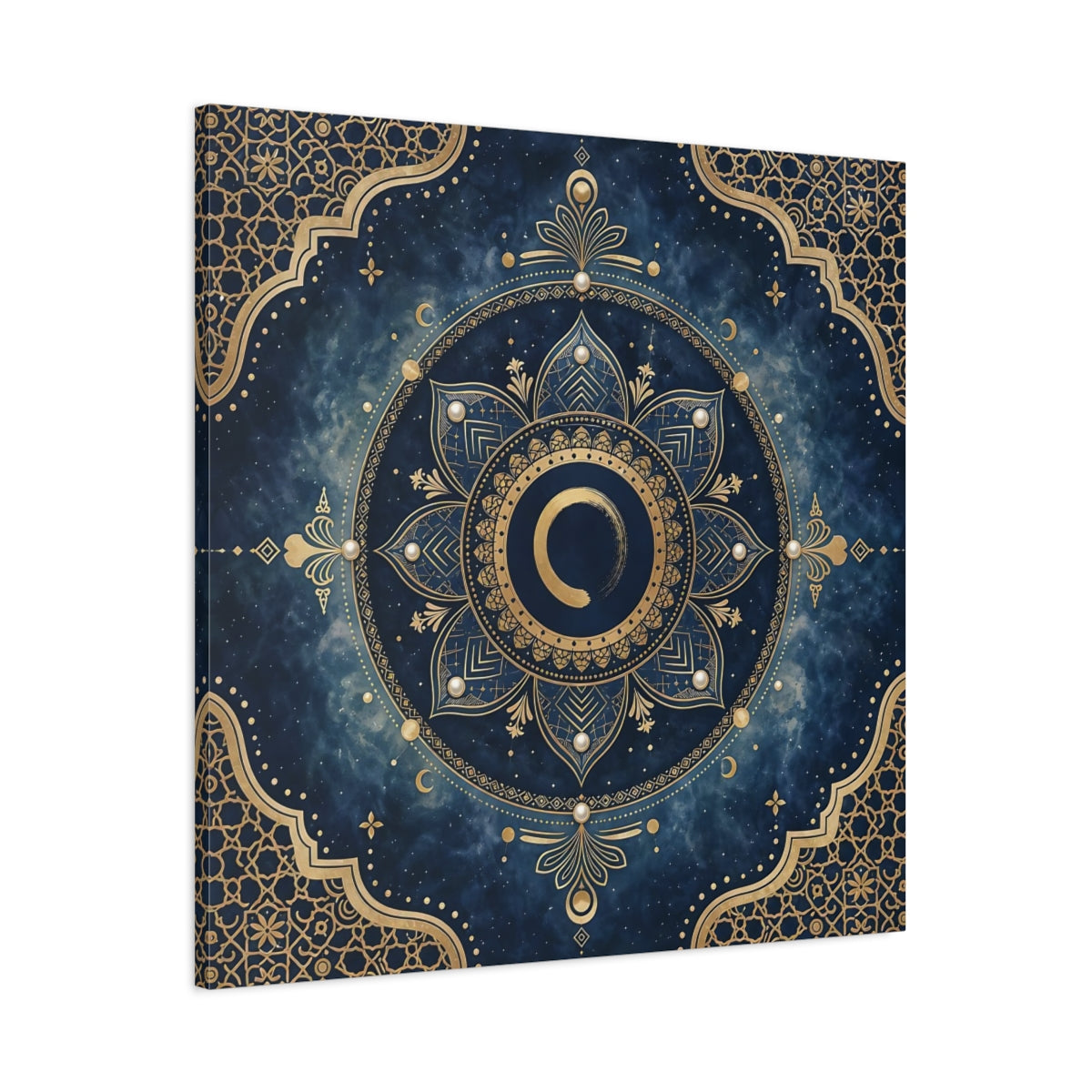 Main Mockup. Abstract Mandala Blue And Gold shown as stretched canvas wall art