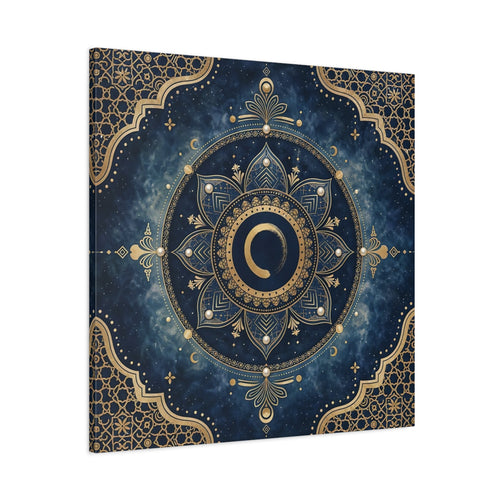 Main Mockup. Abstract Mandala Blue And Gold shown as stretched canvas wall art