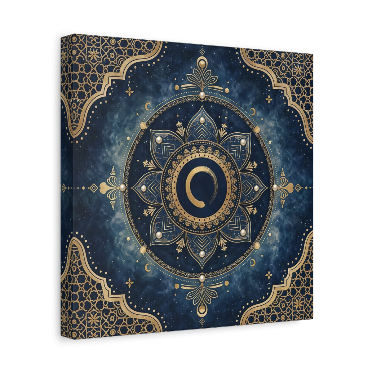 Side Mockup 8. Abstract Mandala Blue And Gold shown as stretched canvas wall art
