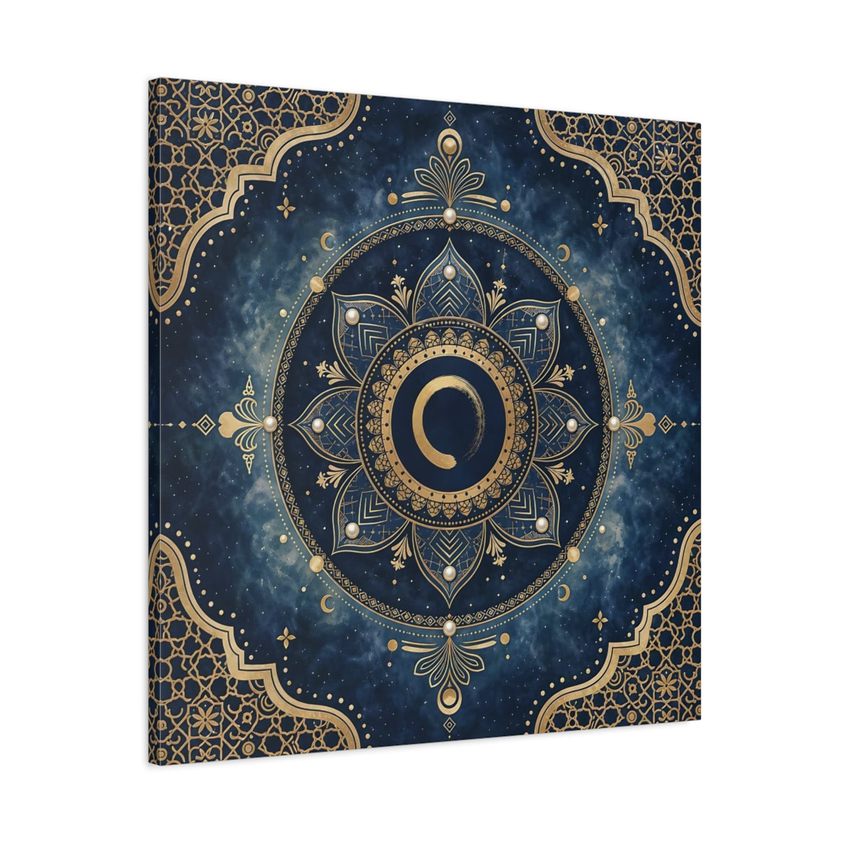 Side Mockup 3. Abstract Mandala Blue And Gold shown as stretched canvas wall art