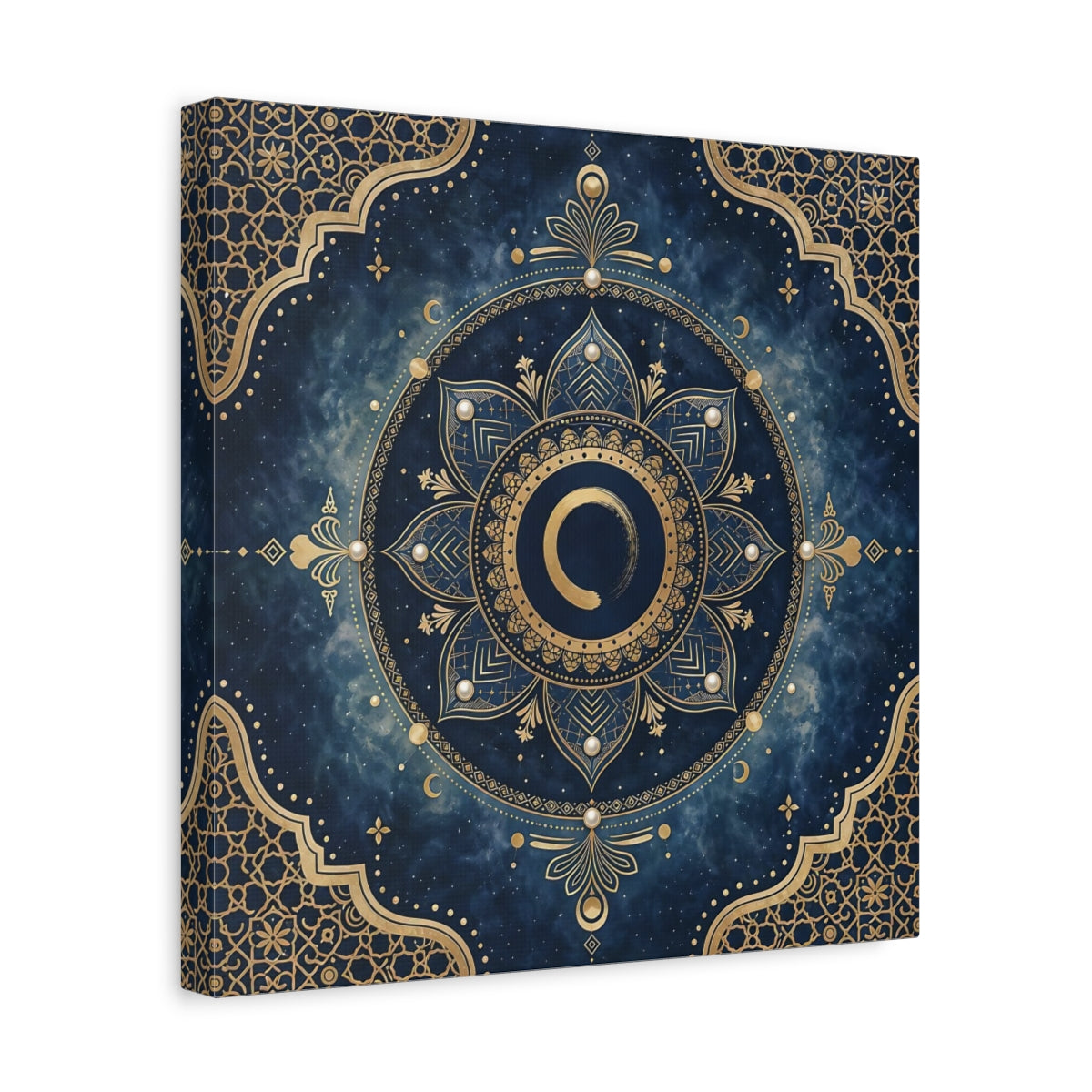 Side Mockup 7. Abstract Mandala Blue And Gold shown as stretched canvas wall art