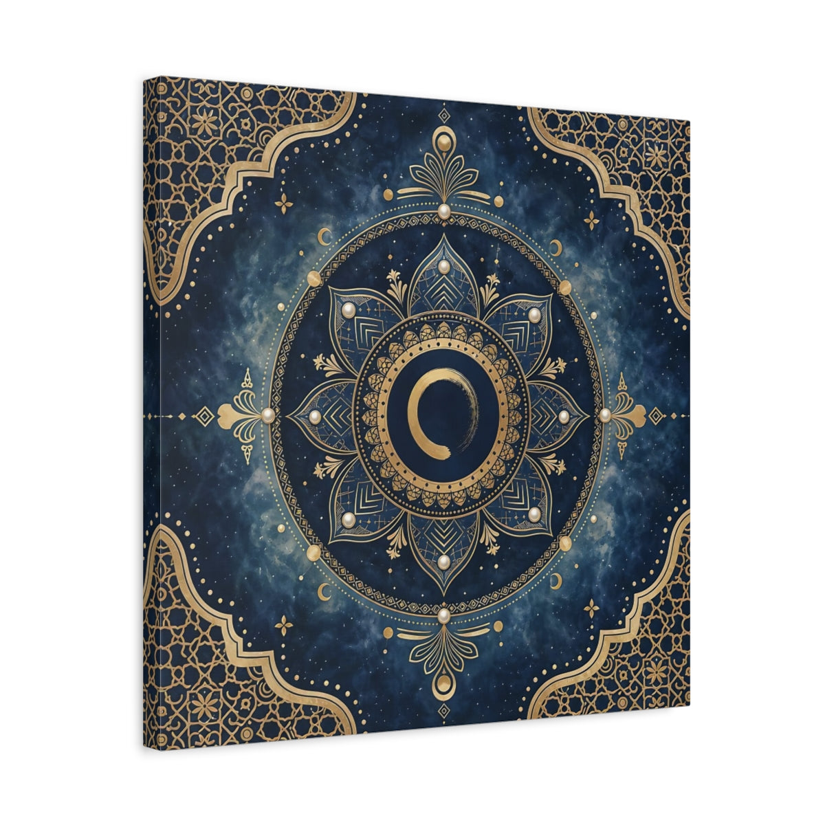 Side Mockup 5. Abstract Mandala Blue And Gold shown as stretched canvas wall art