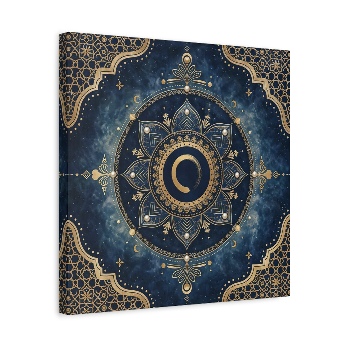 Side Mockup 6. Abstract Mandala Blue And Gold shown as stretched canvas wall art