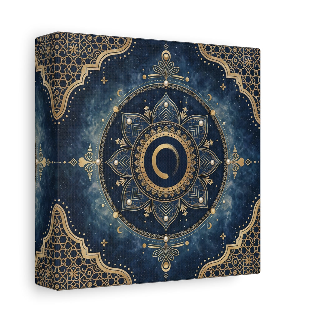 Side Mockup 2. Abstract Mandala Blue And Gold shown as stretched canvas wall art