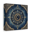 Side Mockup 2. Abstract Mandala Blue And Gold shown as stretched canvas wall art