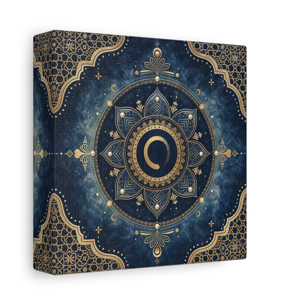 Side Mockup 2. Abstract Mandala Blue And Gold shown as stretched canvas wall art