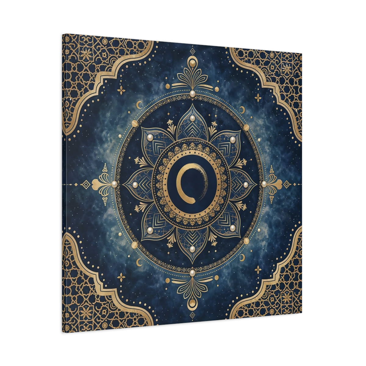 Side Mockup 1. Abstract Mandala Blue And Gold shown as stretched canvas wall art