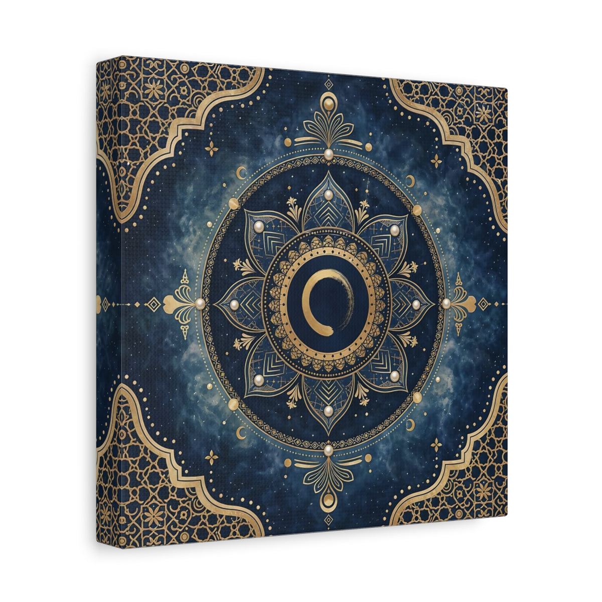 Side Mockup 9. Abstract Mandala Blue And Gold shown as stretched canvas wall art