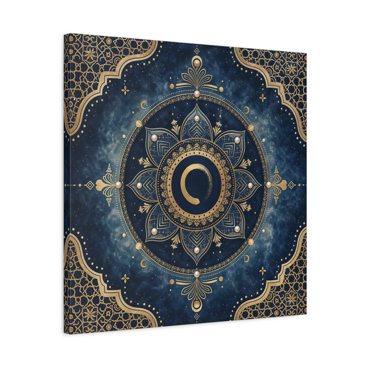 Side Mockup 4. Abstract Mandala Blue And Gold shown as stretched canvas wall art