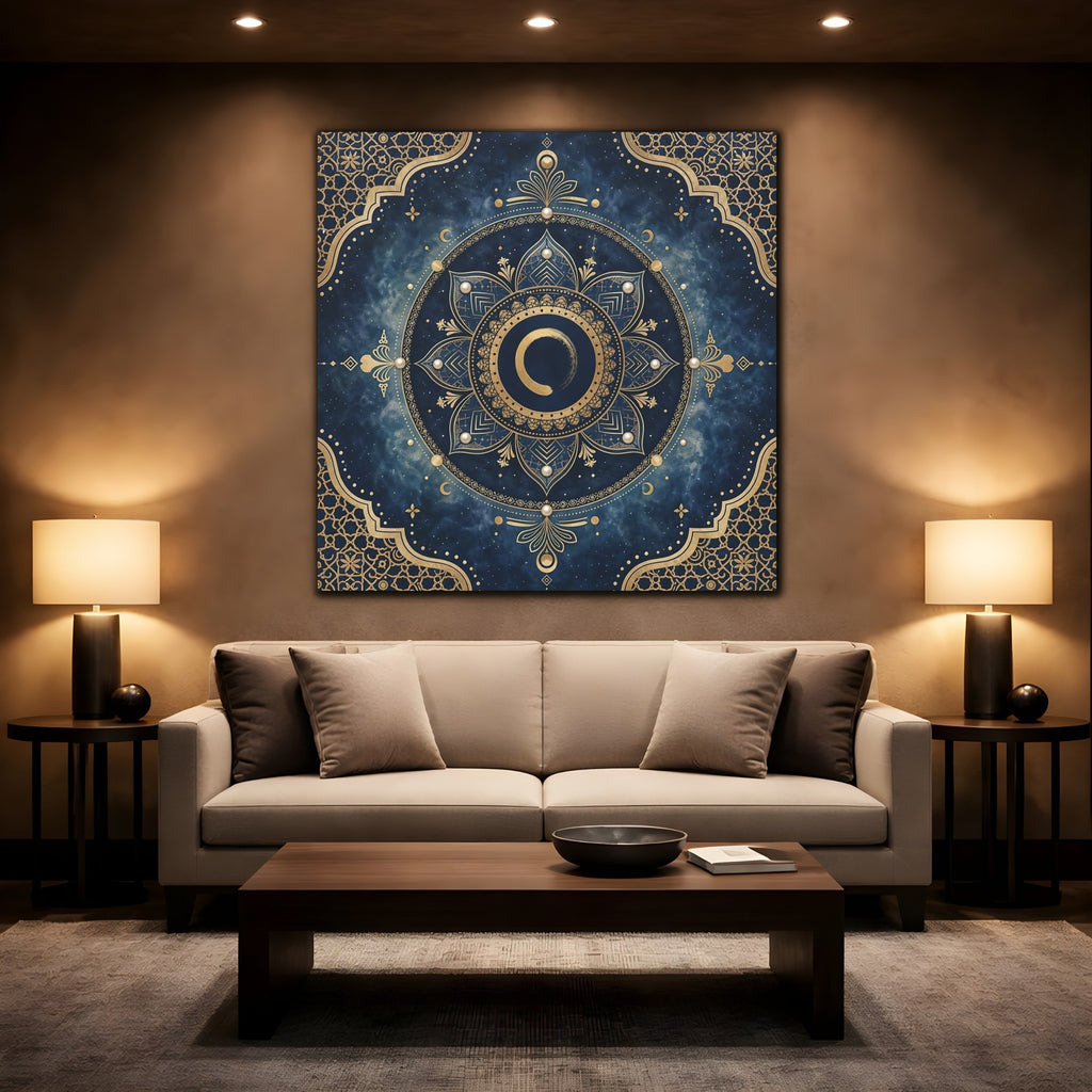 Mockup 2. Abstract Mandala Blue And Gold shown as stretched canvas wall art