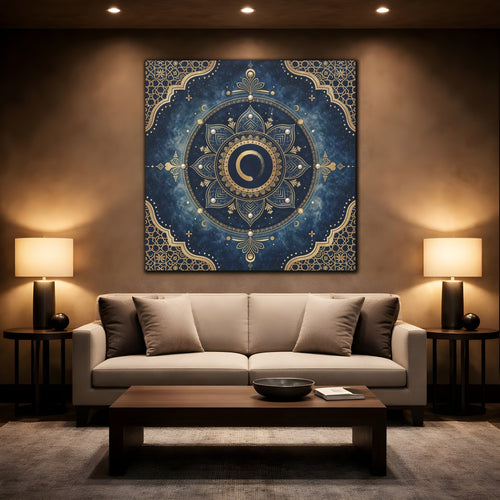 Mockup 2. Abstract Mandala Blue And Gold shown as stretched canvas wall art
