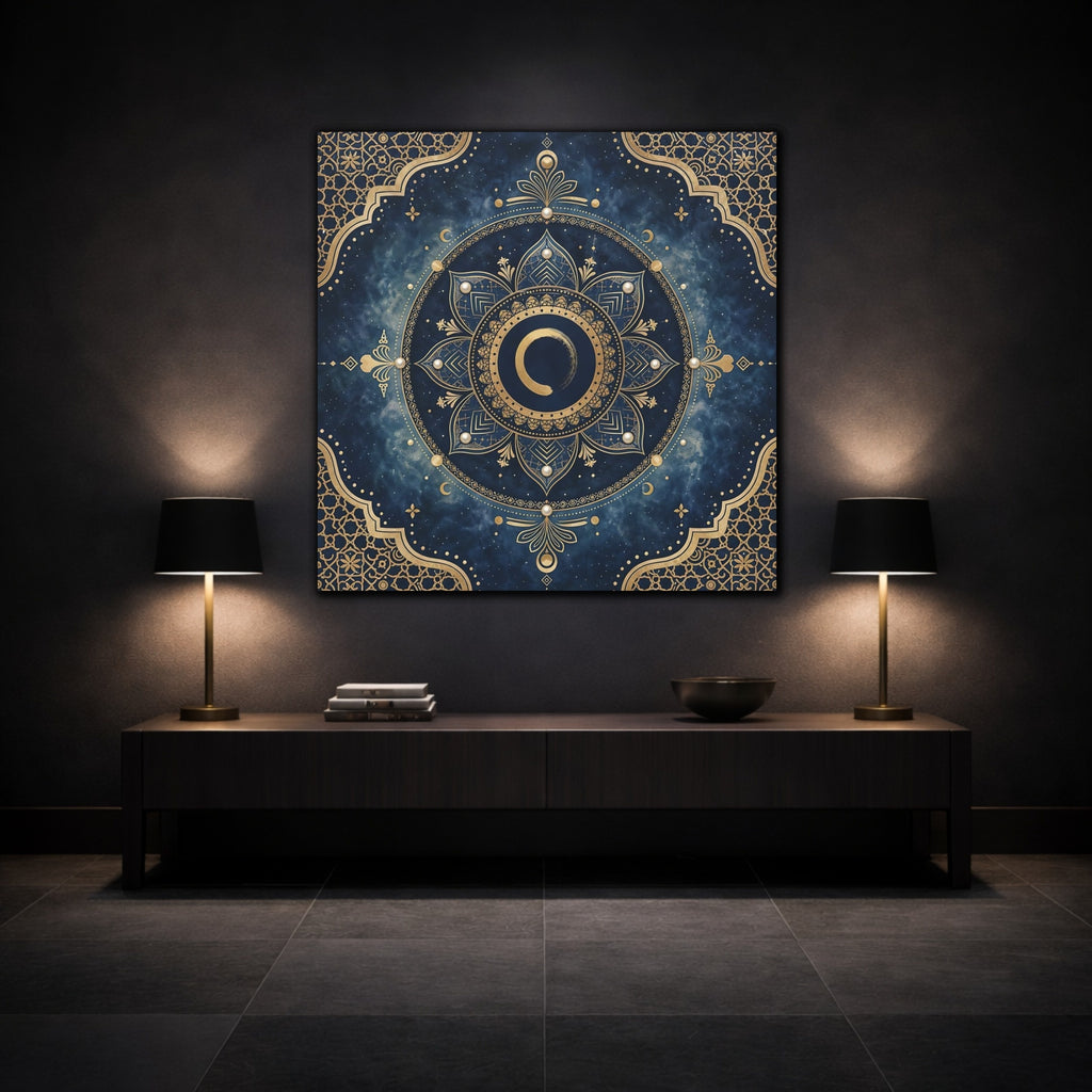 Mockup 3. Abstract Mandala Blue And Gold shown as stretched canvas wall art