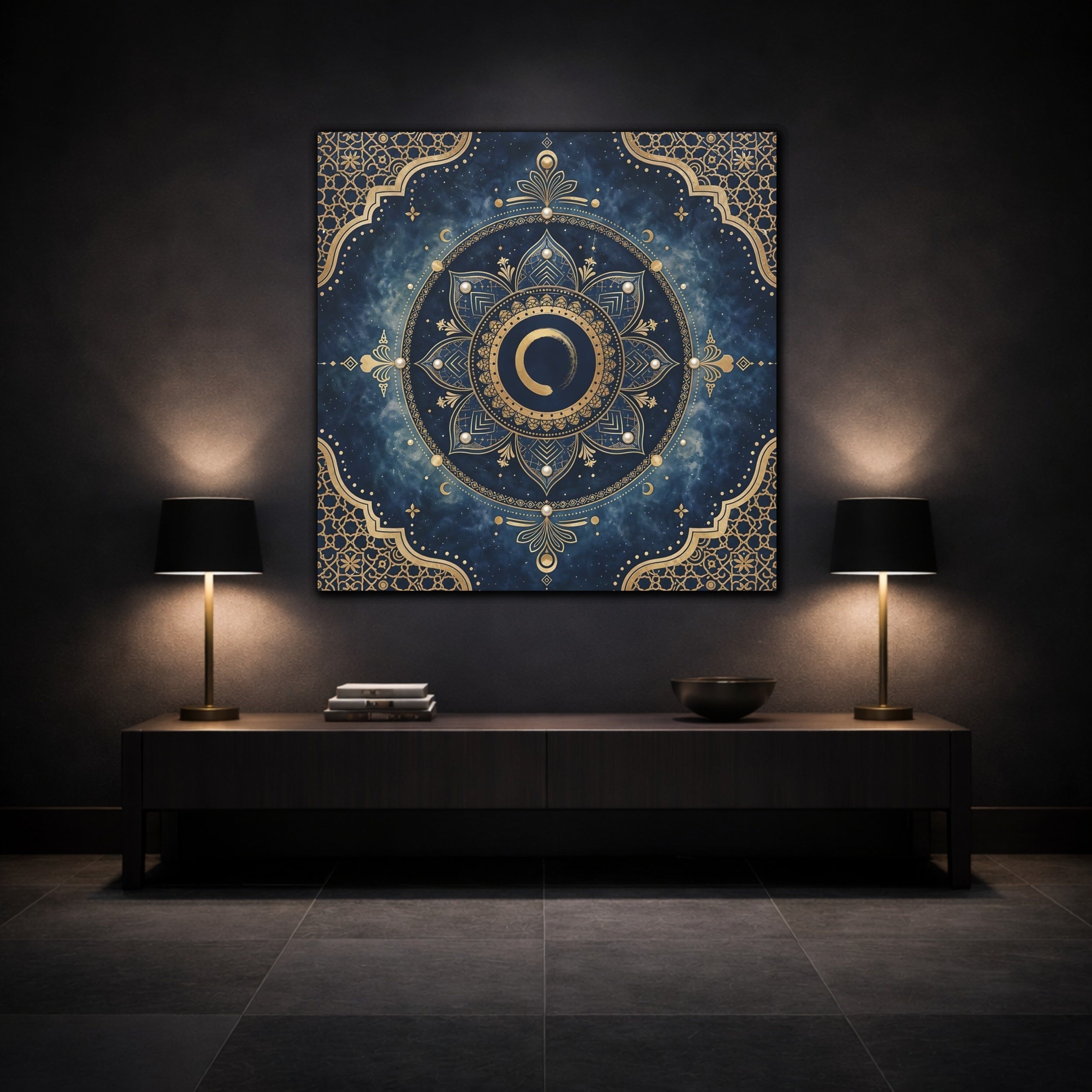Mockup 3. Abstract Mandala Blue And Gold shown as stretched canvas wall art